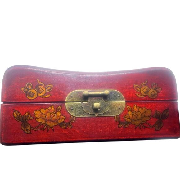 Chinese Lacquered Wood Pillow Box with Flowers and Birds 8” L x 3.5” T x 3”W - Picture 2 of 8